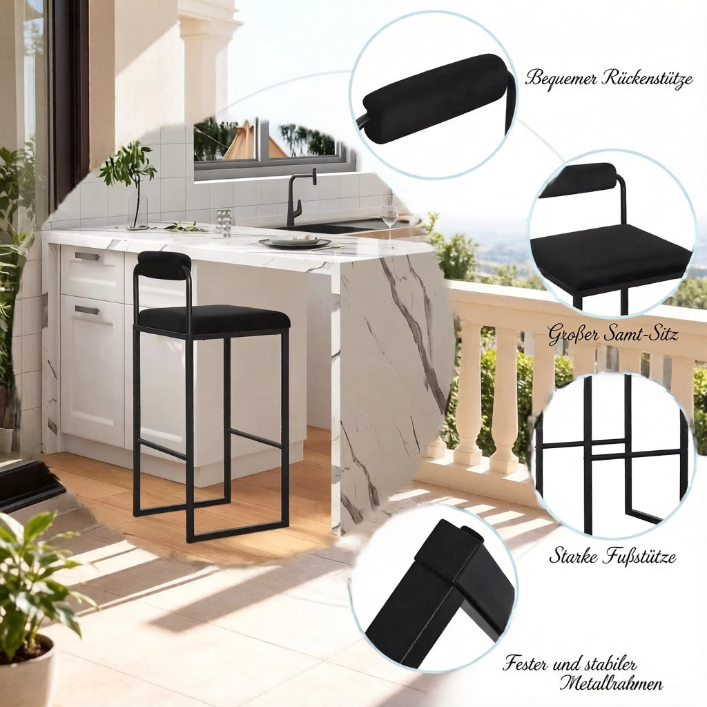SGABELLO BAR CON SCHIENALE 38,5x39x95,5 cm Velluto Nero Set da 2 pezzi