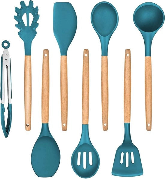 Set di utensili in silicone per cucina a 8 pezzi con maniglia in legno - set di cucina - spatola - blu