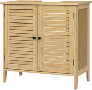Mobile Da Bagno In Bambù, Base Con Ritaglio Per Sifone 20x23 cm, Armadio Indipendente Con Ante a Griglia e Ripiano Regolabile, 60x30x60 cm