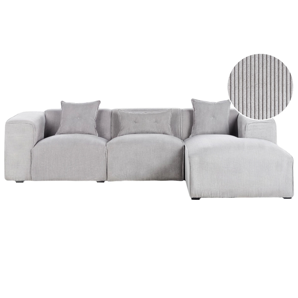 Divano Angolare lato sinistro in velluto a coste grigio con cuscini decorativi stile Moderno