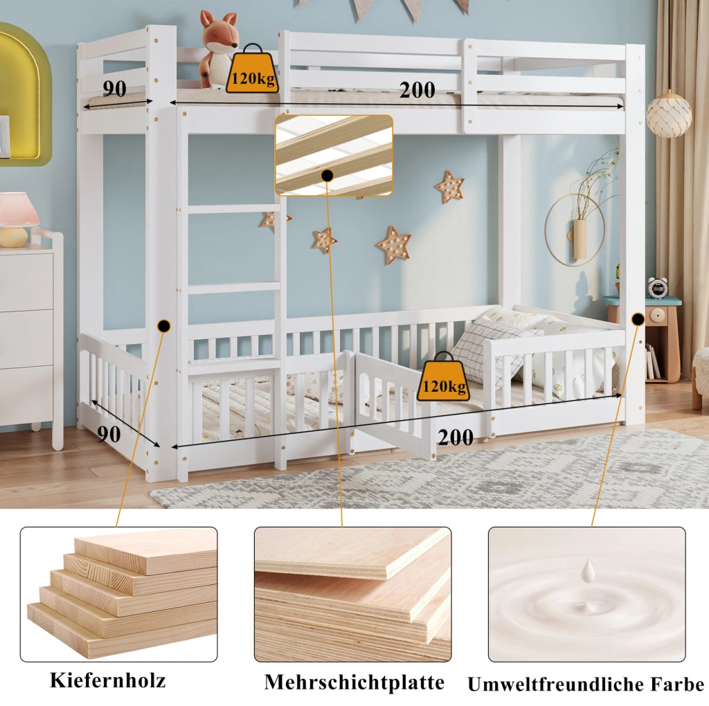Letto a castello in pino 90x200 cm con scala ad angolo; sponde e porta; bianco