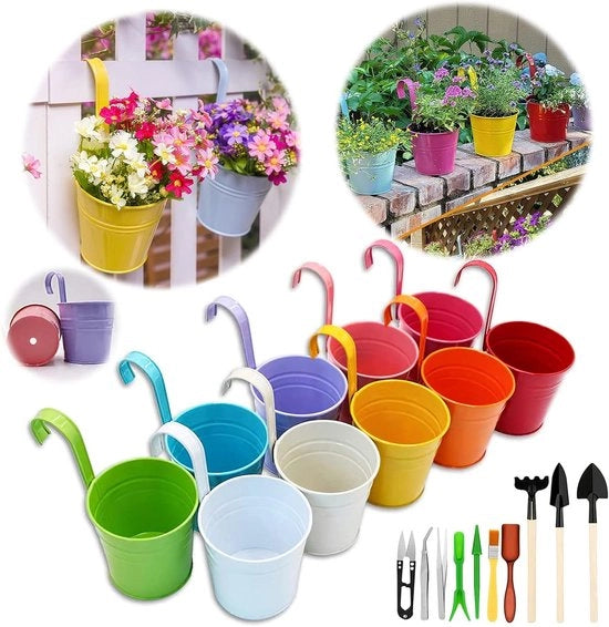 Bacini metallici senza foro; 10 pezzi da appendere; vasi colorati con chiodo separabile per balcone e giardino; inclusi attrezzi da giardino; 26x13,5x9,5 cm