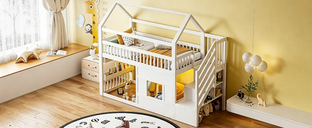 DESMIU Letto a soppalco 90 × 200 cm 1 posto con scala, vani portaoggetti, LED, senza materasso, bianco