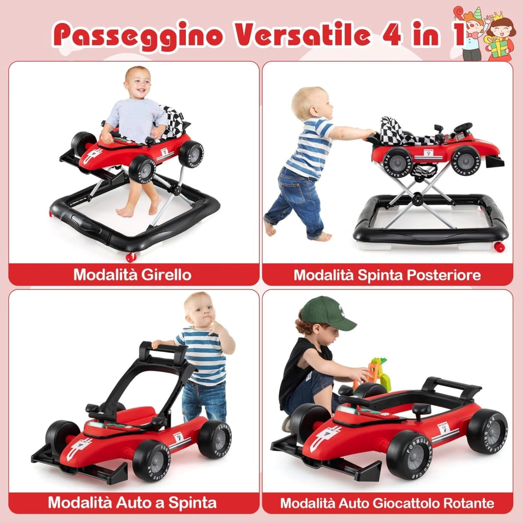 4 in 1 Girello per Bambini, Altezza Regolabile a 3 Livelli, Passeggino per Bambini, con Volante Imbottito e Scatola Musicale, Portata 12 kg, per Bambini 6-18 Mesi (Rosso)