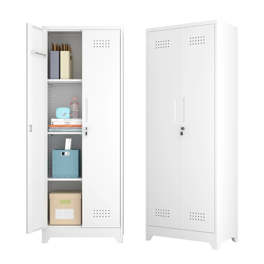 ARMADIO 165 cm in metallo bianco con ripiani regolabili e asta appendiabiti