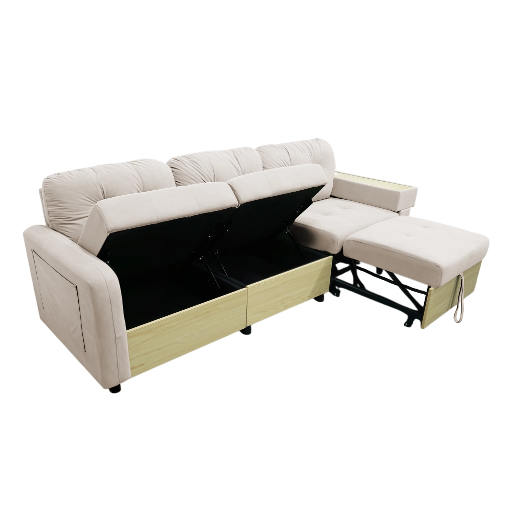 Divano Angolare 3 Posti con Penisola Estraibile, Contenitore e Braccioli in Legno ¨C MINIMAL ¨C Velluto Verde/Beige