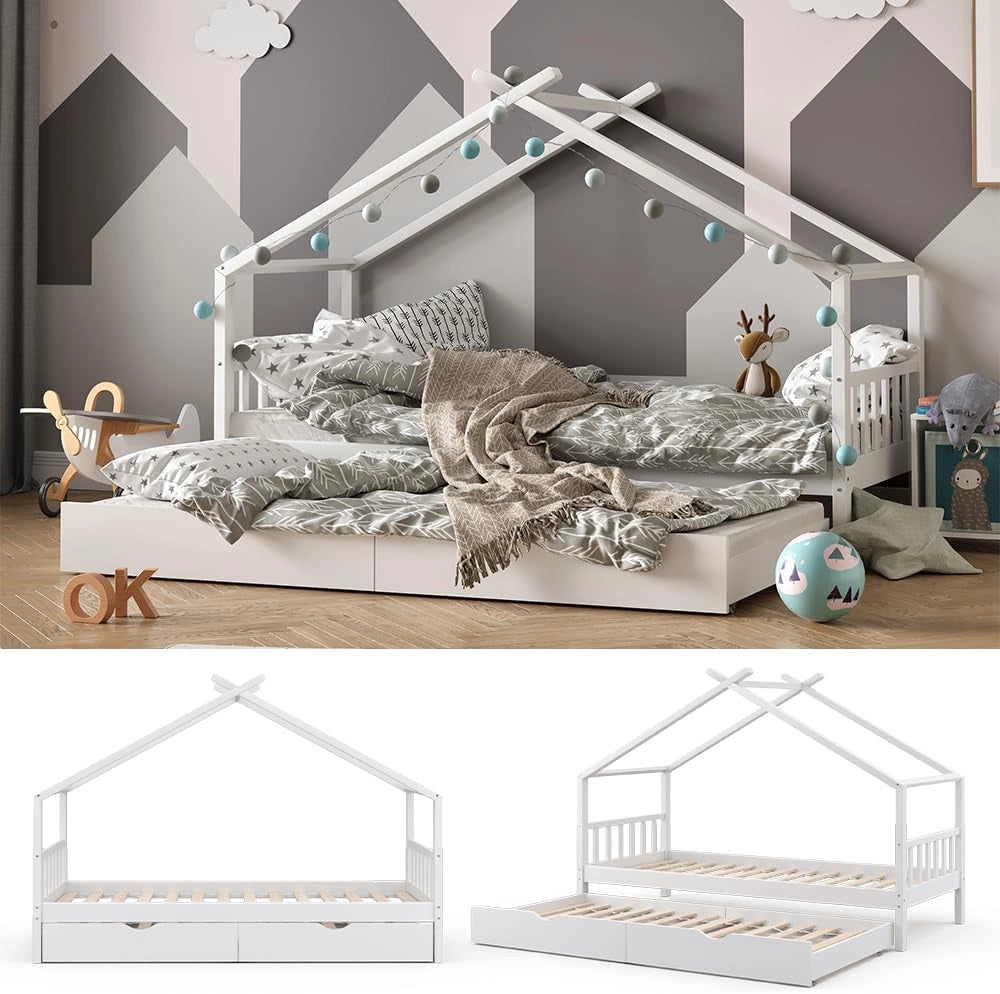 Letto montessori bambini Design, Bianco, 90x200 cm con letto per ospiti, con sponda anticaduta e rete a doghe per un sonno sicuro