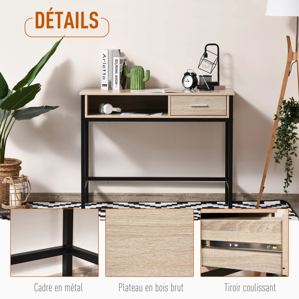 Scrivania con cassetto ¨C zephmum ¨C Legno Rovere Chiaro, Telaio Metallo Nero, 100x50x75 cm
