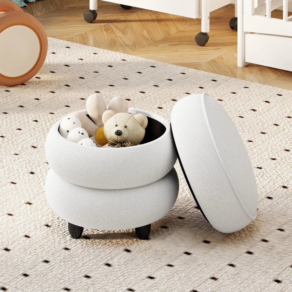 Pouf contenitore moderno poggiapiedi rotondo con coperchio rimovibile, Pouf seduta imbottita versatile per soggiorno-Sgabelli