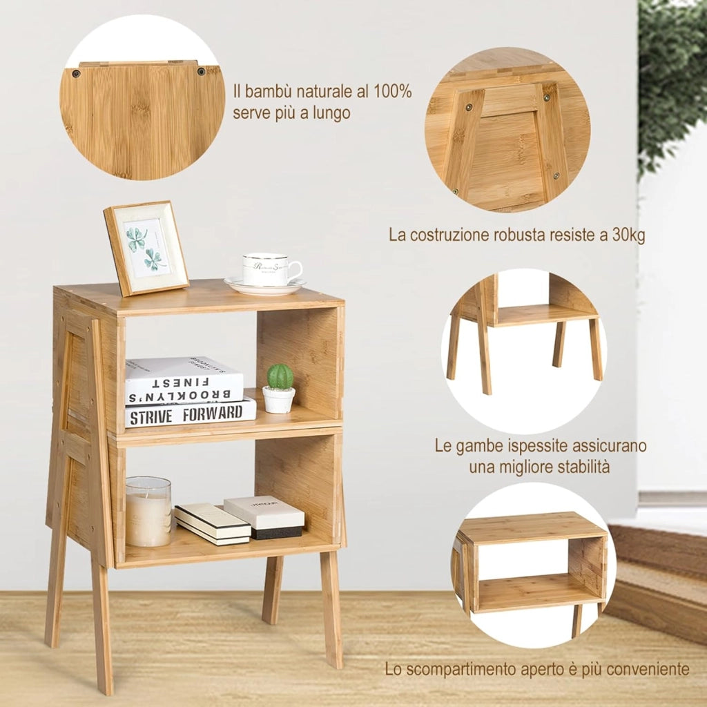 Set di 2 Tavolini da Salotto, Set di 2 Comodini in Bambù con 2 Ripiani Aperti e Gambe Robuste, Tavolini da Divano e Letto, 43 x 29 x 42cm