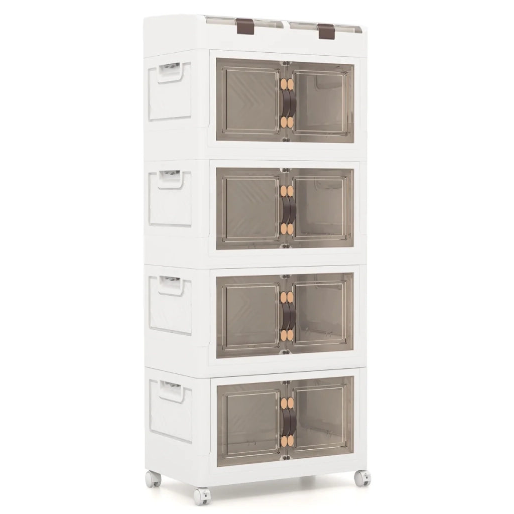 Set di 4 contenitori pieghevoli 54,5 x 34,5 x 132 cm con accesso rapido e pratiche ruote in PP bianco 20_0010483