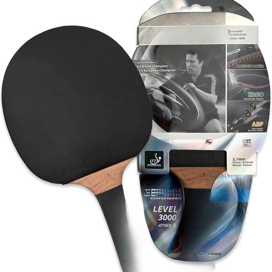 Tavola da ping pong, manico ABP, spugna 2,1 mm, legno di carbonio, rivestimento ITTF