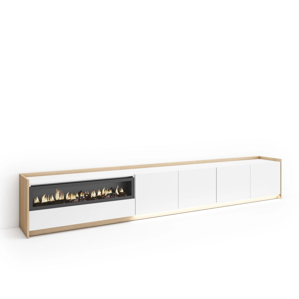 Mobile TV Soggiorno, 310x50x37 cm, Per TV fino a 80", Camino elettrico, LED, Bianco e Rovere soft