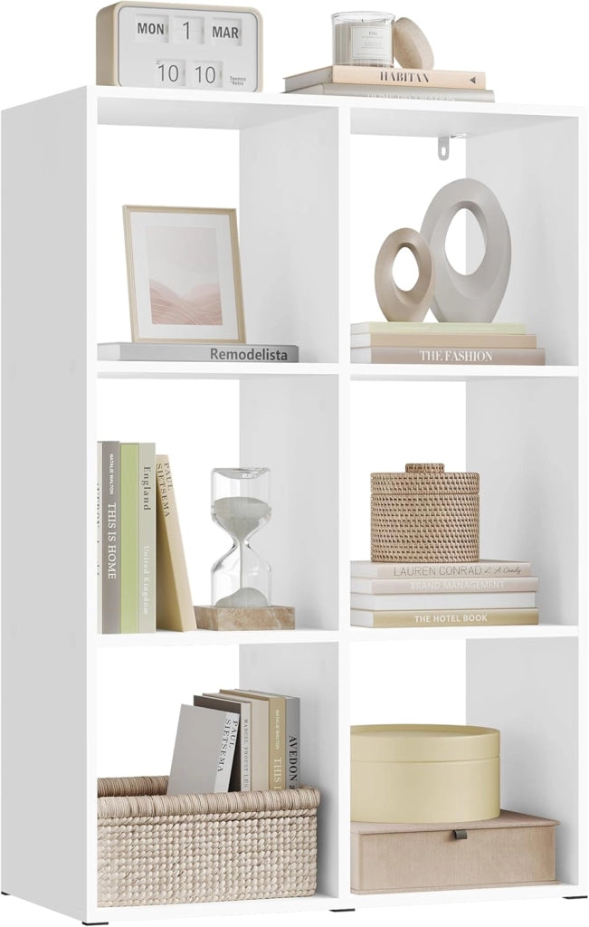 Libreria a 6 Cubi, Scaffale di Stoccaggio a 3 Livelli, Libreria Verticale, Scaffale Divisorio, Mobile di Stoccaggio per Soggiorno/Camera da Letto, Bianco, SK054ws
