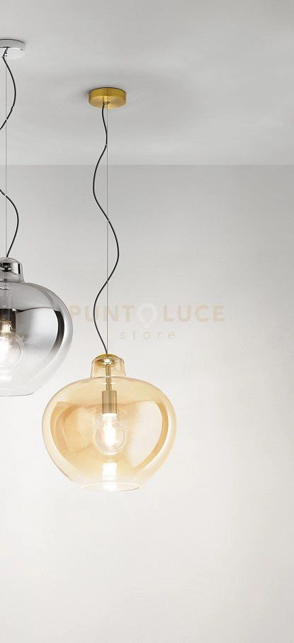 Sospensione vetro ambra specchiato sfumato e  ottone brunito Bowl 1 luce attacco E27 d.36,5cm