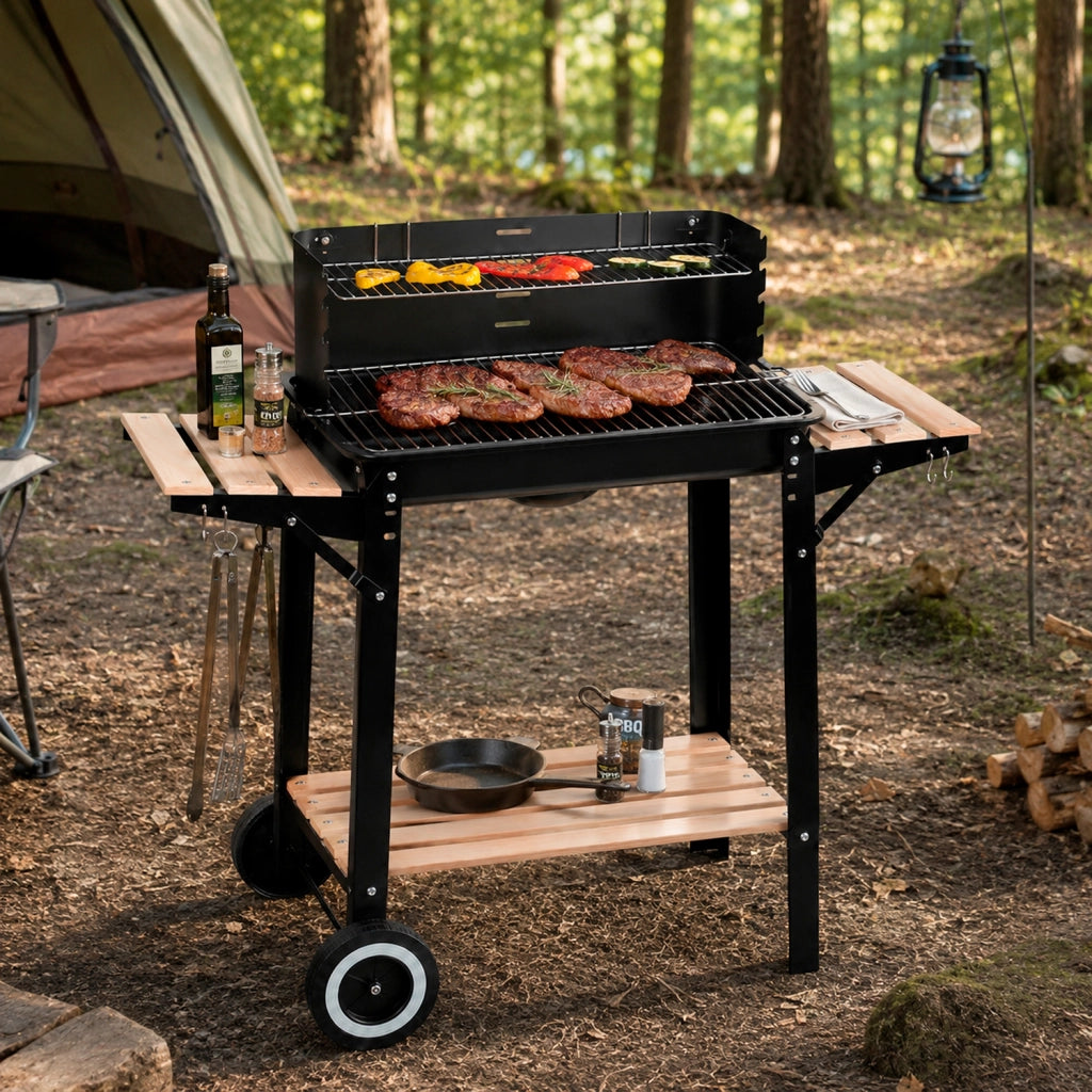 Barbecue A Carbone Con Griglia E Paravento Antivento Ripiani Legno Laterali Ganci Porta Utensili Ruote Per Trasporto Facile Giardino Campeggio 94 x 40 x 84 Cm Nero