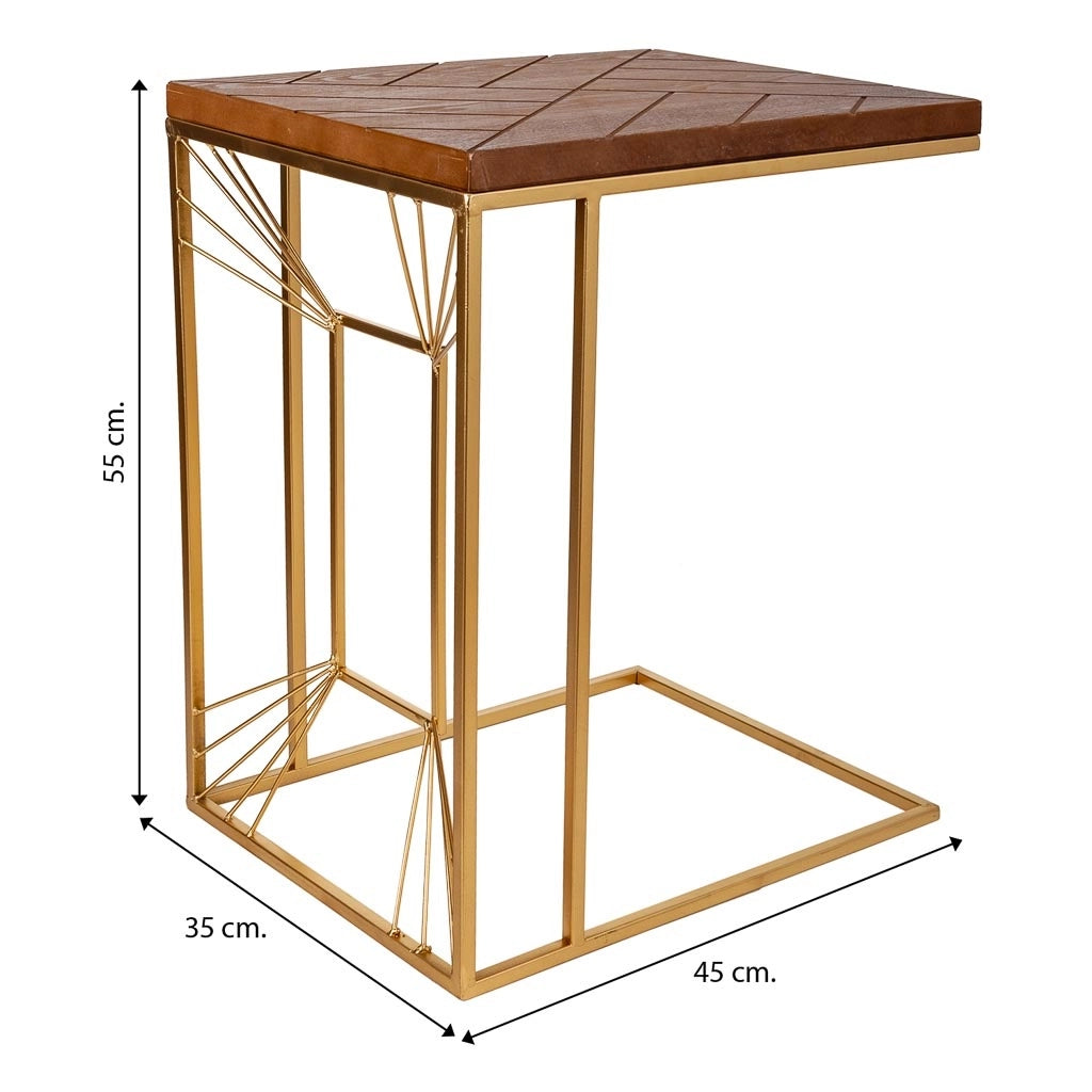 Tavolino angolare in legno e metallo oro 45x35x55h