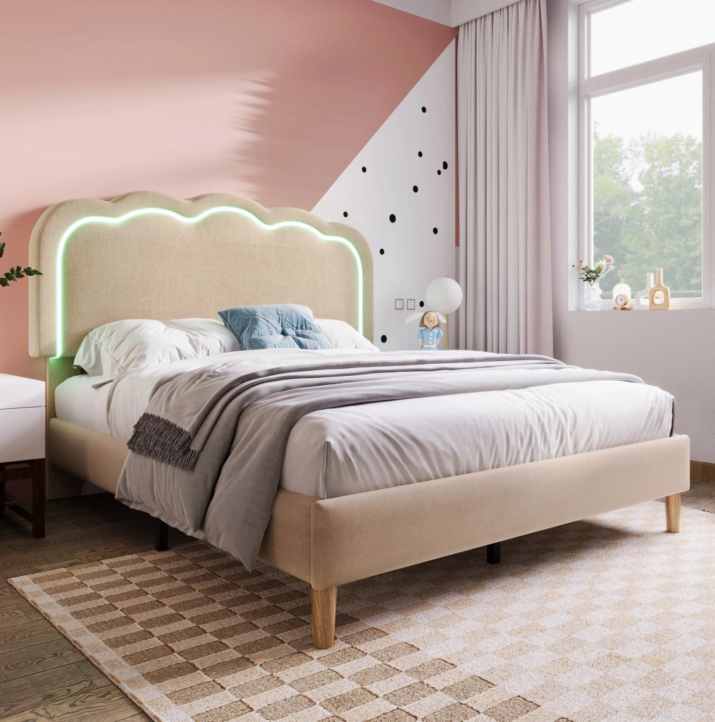 Letto imbottito LED 140x200 cm beige con testiera regolabile e rete