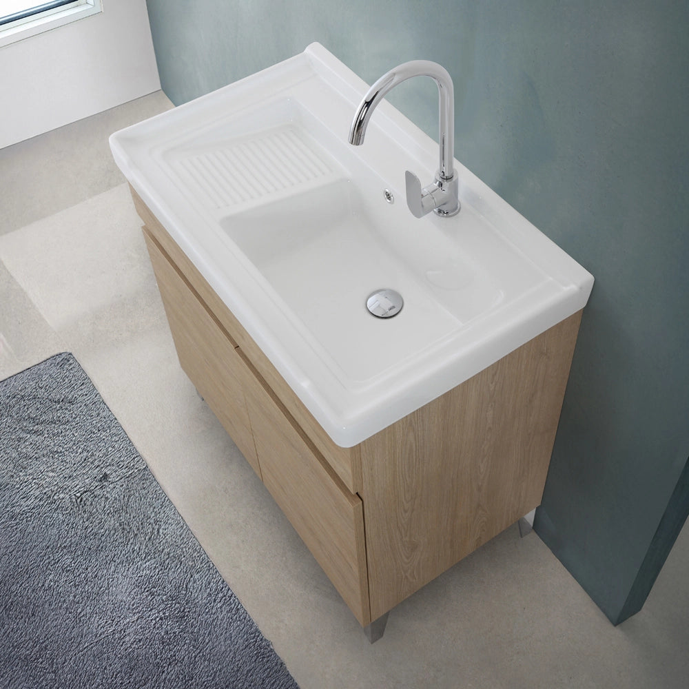Mobile lavatoio 79x46,8 cm rovere dolomite con vasca in ceramica bianca