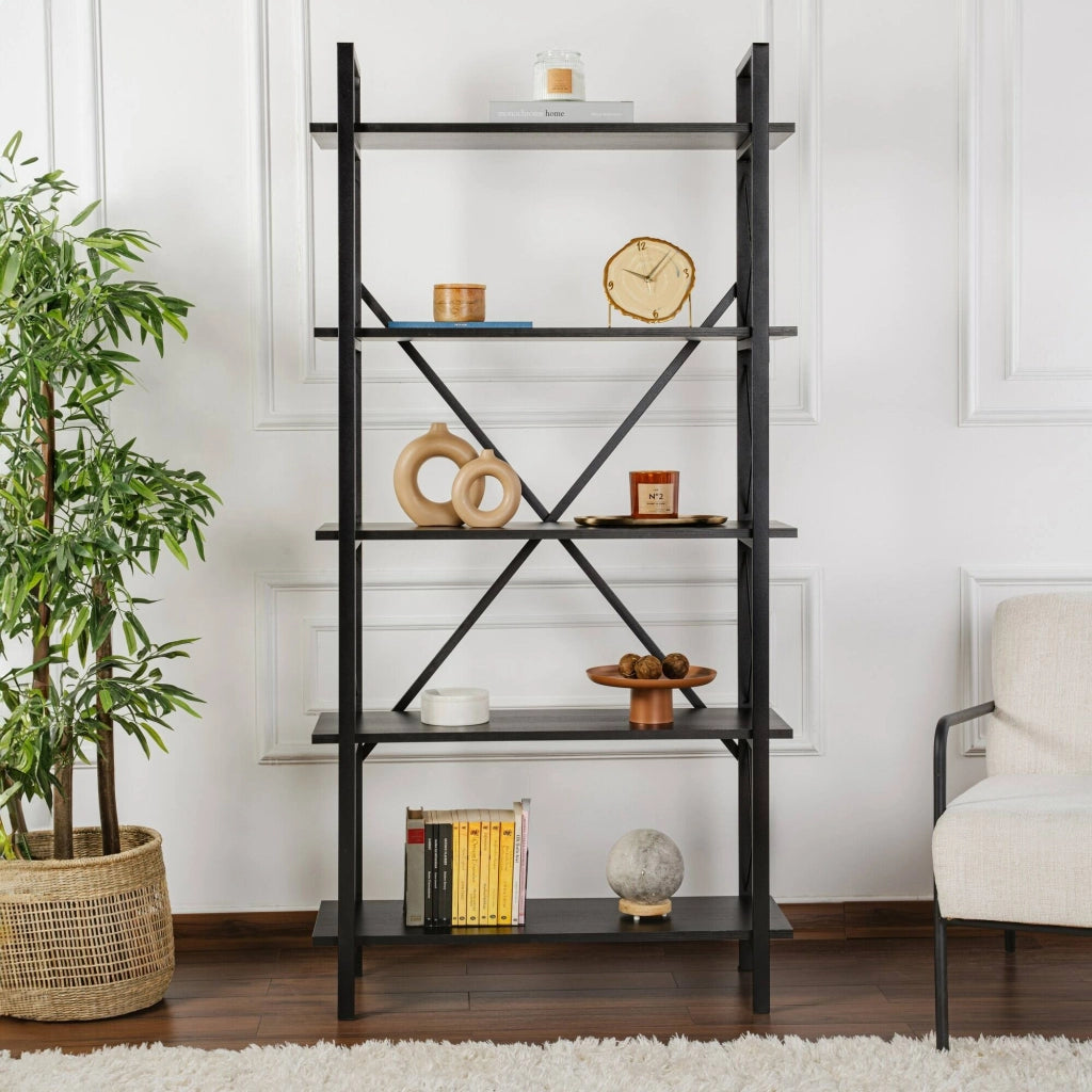 Libreria Suriel, Scaffale da ufficio, Mobile portalibri, Biblioteca, 90x34 h180 cm, Nero