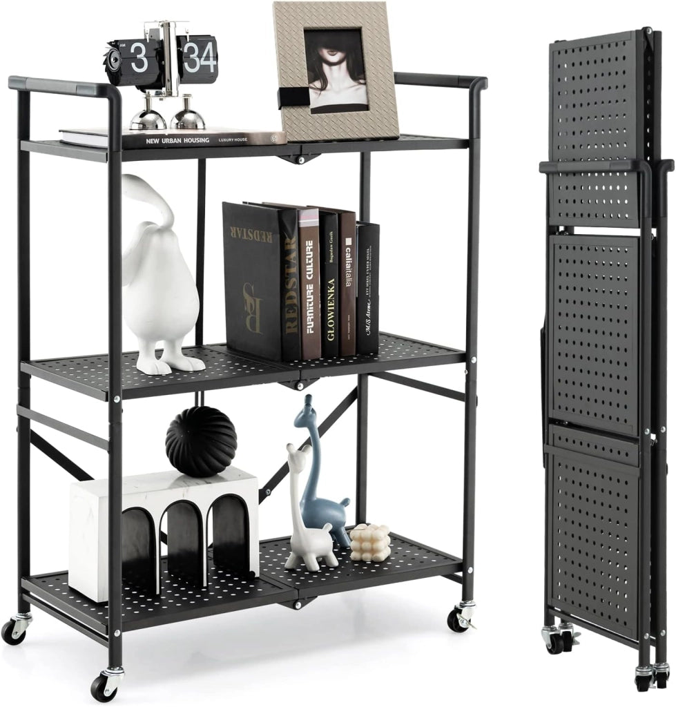 Scaffale Pieghevole con Ruote, Carrello Portaoggetti in Metallo con 3 Ripiani e 2 Ruote Bloccabili, per Cucina Soggiorno Garage, 72,5x33x93,5 cm (3 Livelli)