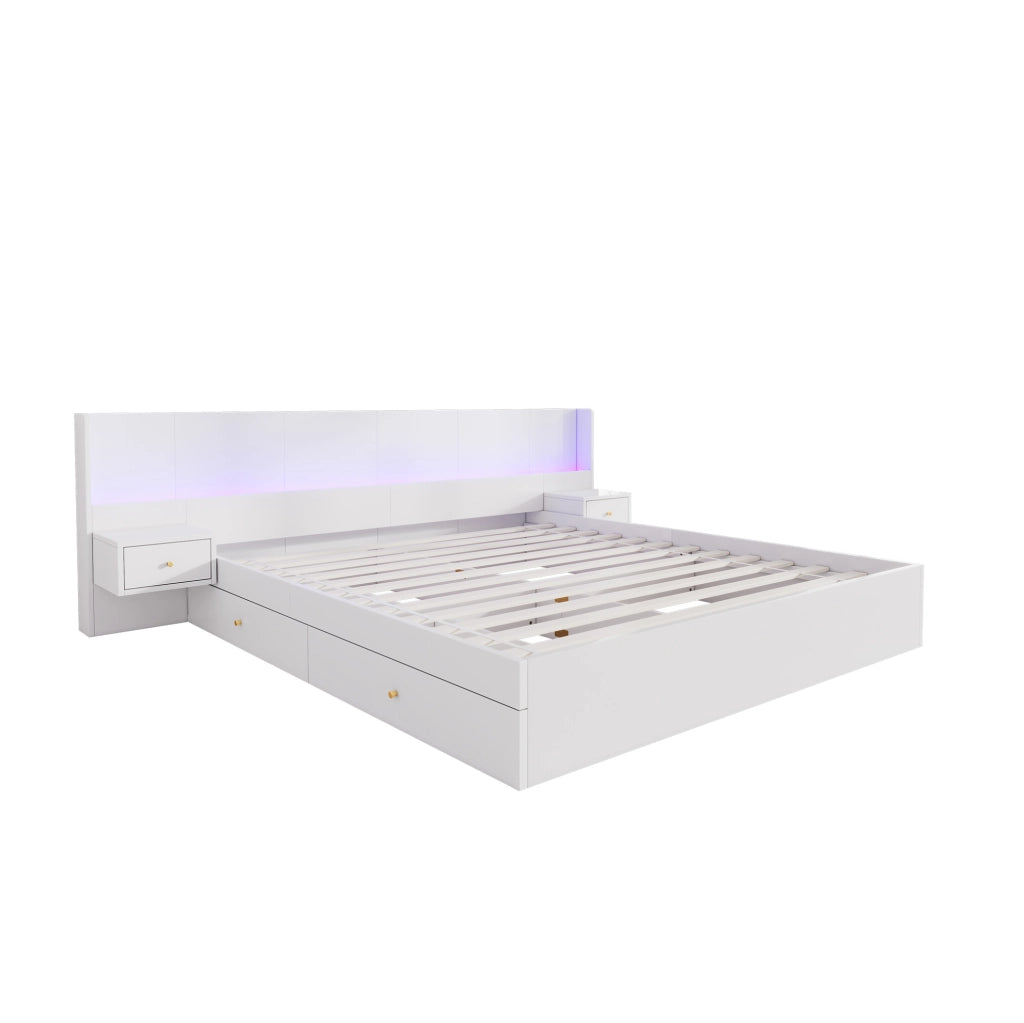 Letto matrimoniale 180x200 cm con LED; USB; presa; 2 comodini e 2 cassetti in MDF bianco