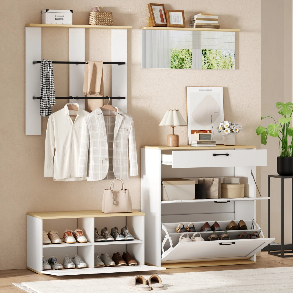 Set ingresso modulare con scarpiera, panca, specchio e appendiabiti, 156x36x176 cm, bianco e legno naturale