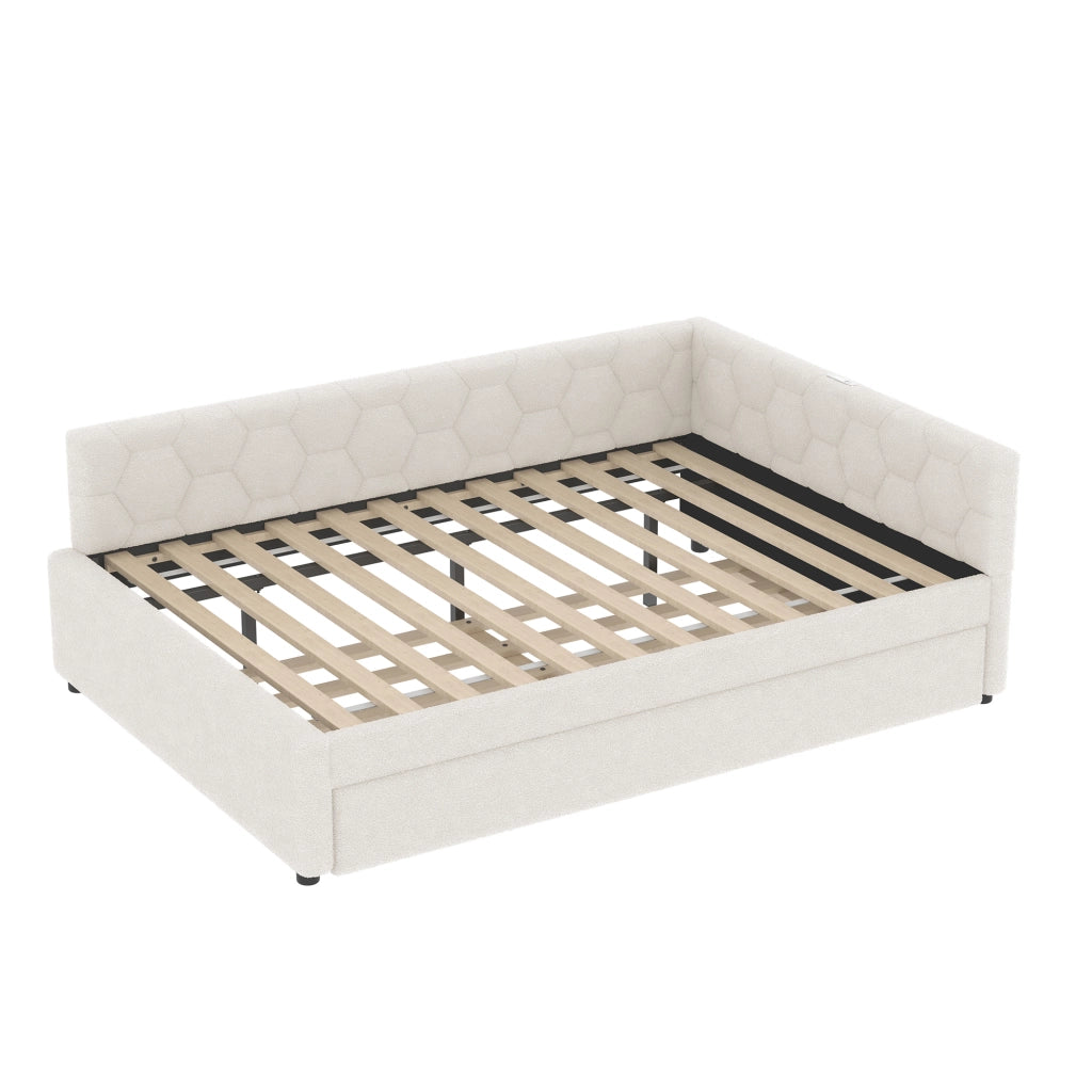 DESMIU Lit banquette 140 × 200 cm 2 places avec lit gigogne, lampe de chevet, USB, Type-C, sans matelas, blanc