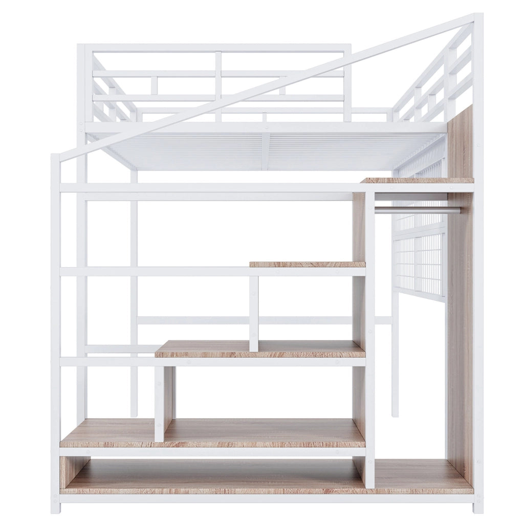 Letto a soppalco 140x200 cm con scala armadio e griglia; metallo; bianco; (Senza materasso)