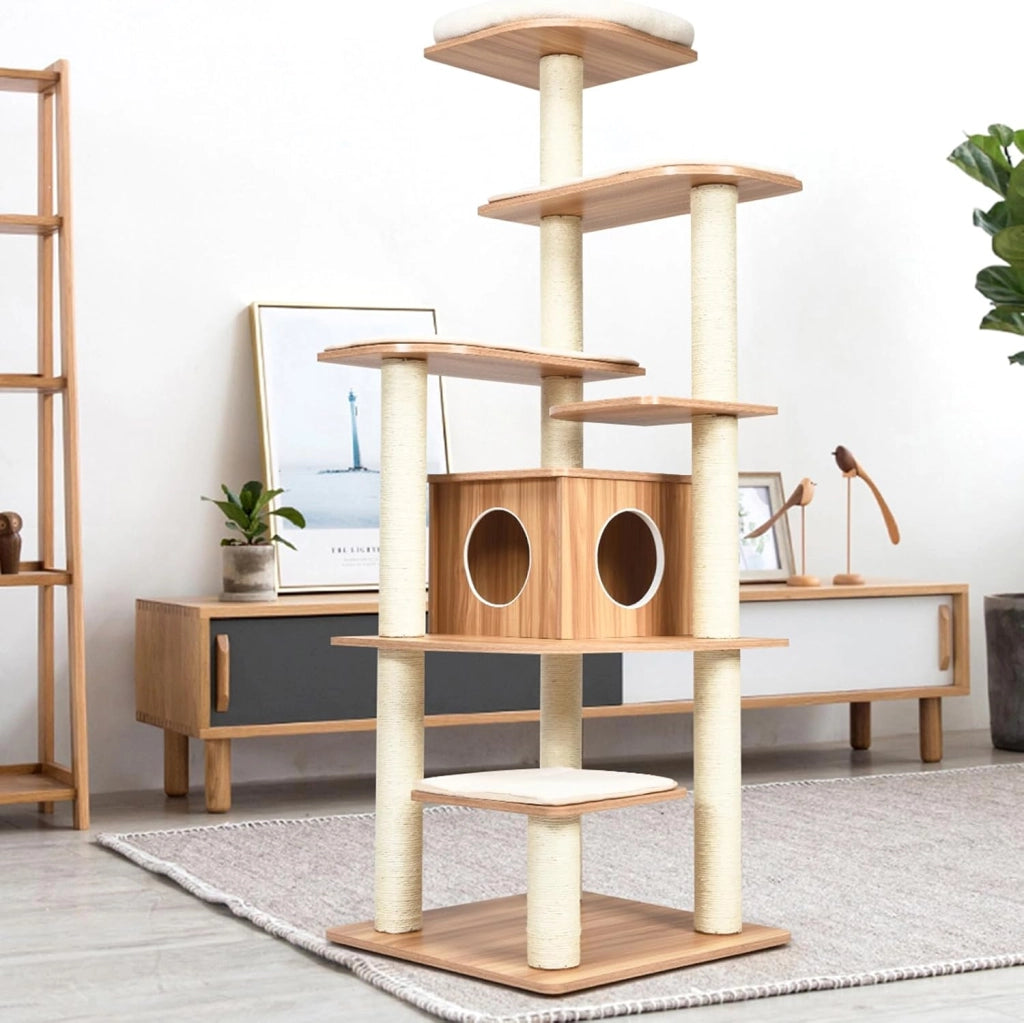 Tiragraffi per Gatti 176cm, Albero per Gatti Adulti XXL con Corda Sisal, Cuccia, Piattaforma e Cuscini, 86,5 x 86,5 x 176cm, Nero e Naturale