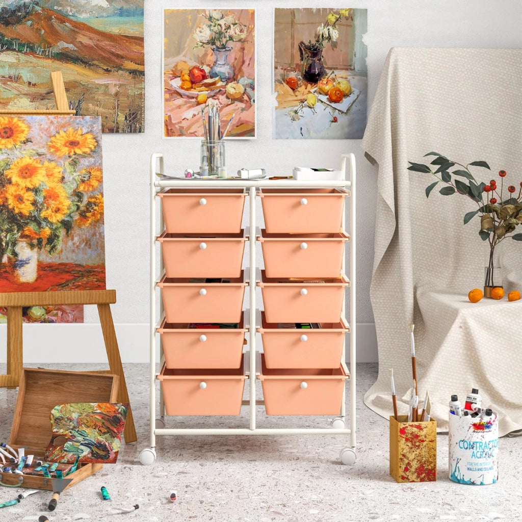 Carrello a 10 cassetti multiuso con ruote, Organizzatore per carta da scrapbooking e utensili da ufficio Oro rosa-Armadi da ufficio