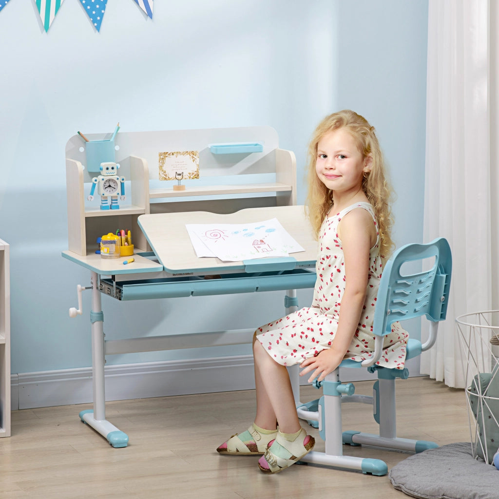 Set Scrivania e Sedia per Bambini da 3 Anni Regolabile Tavolo Inclinabile a 60° con Cassetto e Ripiani in PP e Acciaio