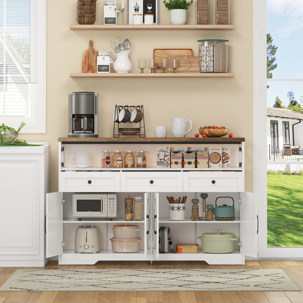Credenza 140x35x95 cm Bianca e Marrone con 3 Cassetti; 2 Armadietti e Vano Aperto; Stile Country