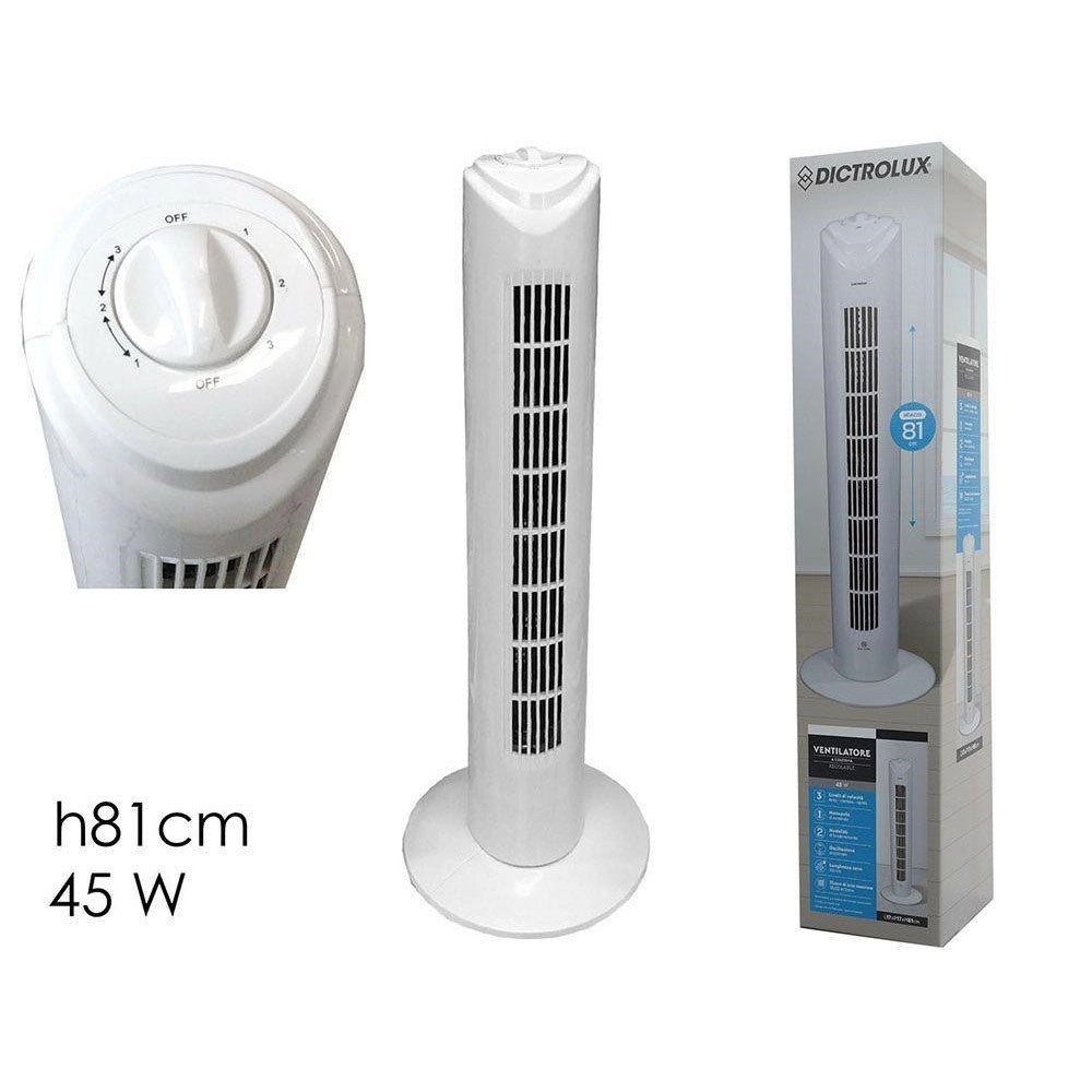 Trade Shop - Ventilatore A Torre Bianco Colonna H81 3 Velocità 45 W Slim Oscillante Flusso Aria Fresca -