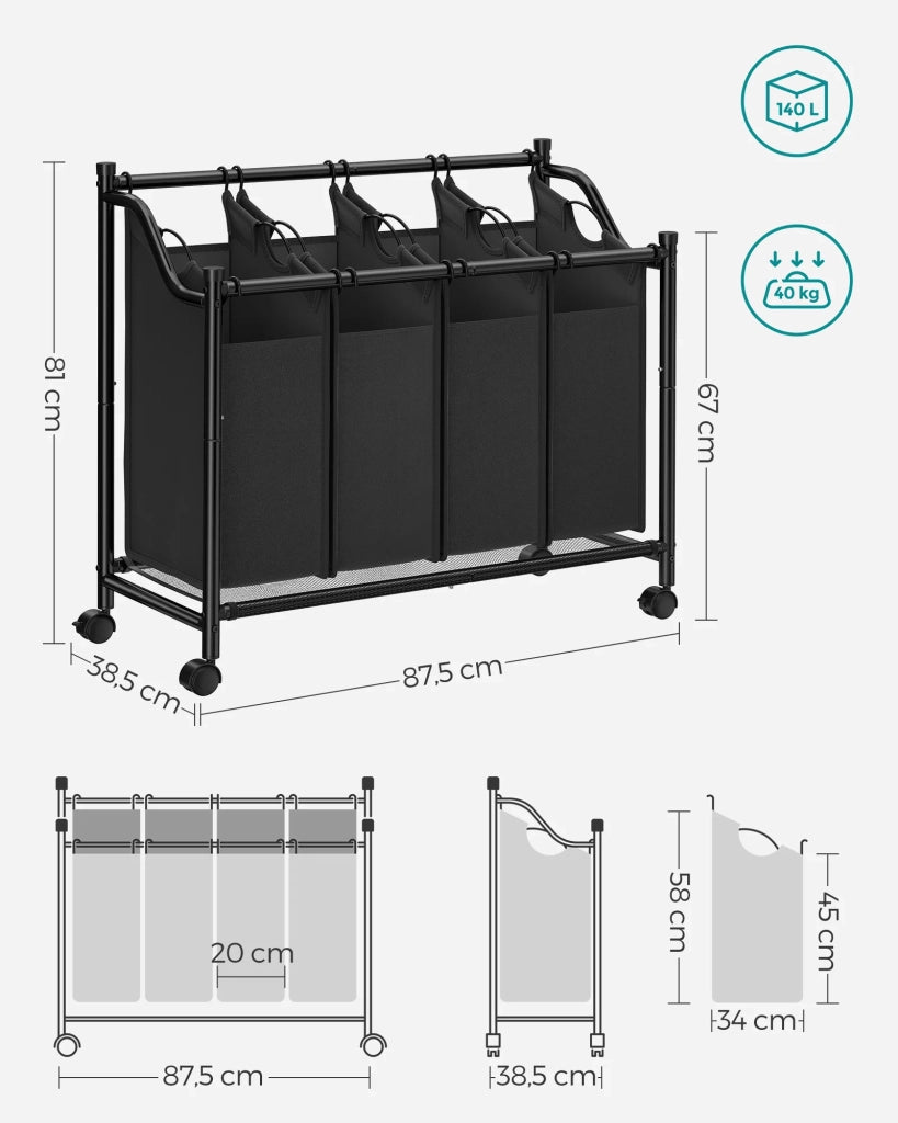 Carrello portabiancheria cesto portabiancheria cesto portabiancheria con 4 sacchi estraibili cesto portabiancheria resistente con ruote 4 x 35 litri nero 12_0004997