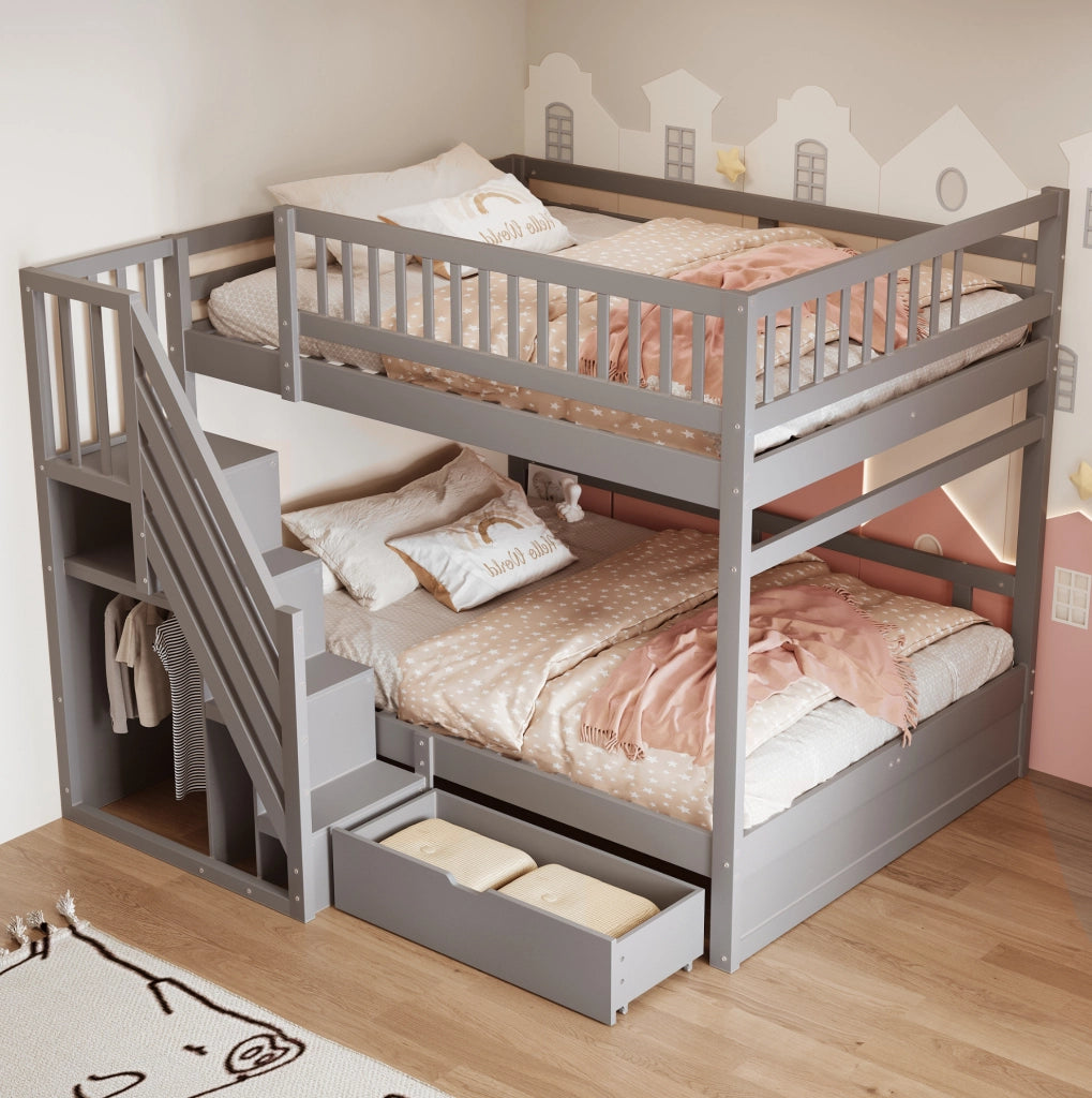 Letto a castello in legno massello 140x200 cm grigio con scala contenitore e cassetti