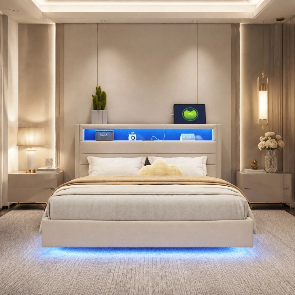 Letto imbottito 140x200 beige con LED, USB e testiera girevole