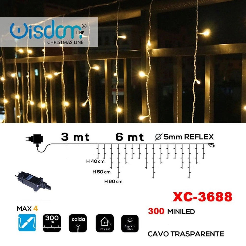 Trade Shop - Tenda Luminosa Natalizia 300 Mini Led Luce Calda Cavo Trasparente Xc-3688 -