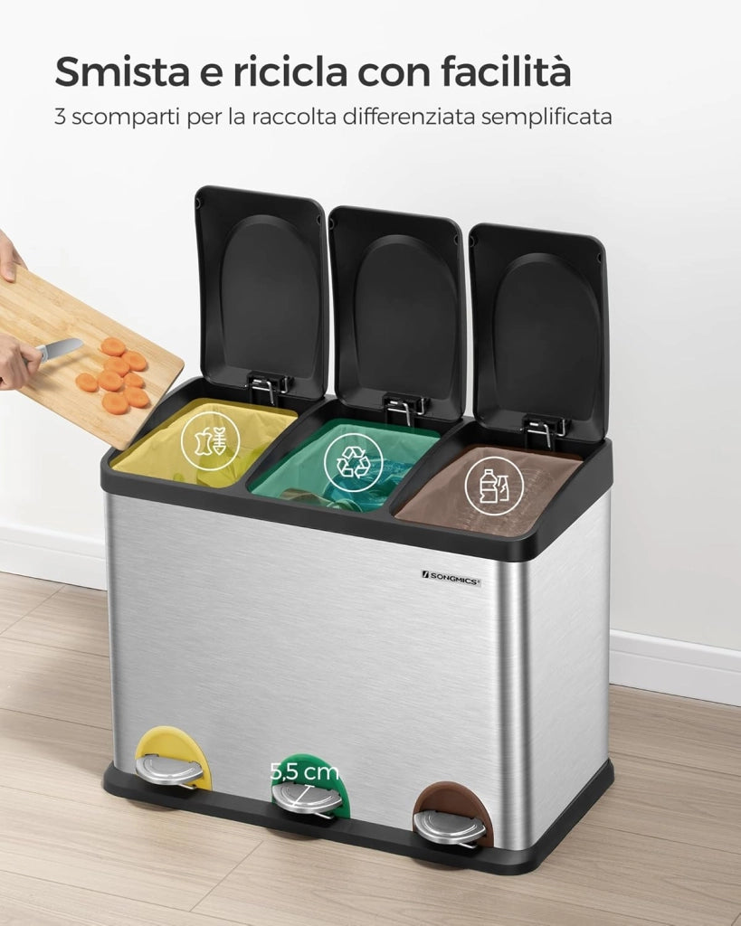 SONGMICS Cestino da Cucina, Pattumiera Tripla per Riciclaggio a Pedale, Metallico da 45 Litri, Raccolta Differenziata, 3 x 15L, con Coperchio, Acciaio, Argento Metallico e Nero Inchiostro LTB45L
