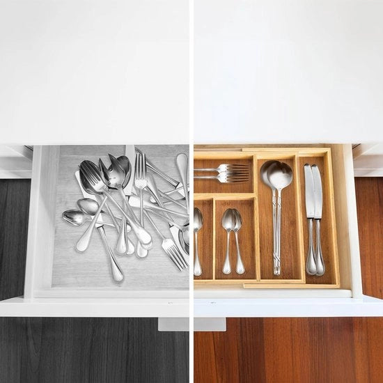 Cassa per utensili in bambù estensibile con 5-7 compartimenti 485x28 cm - organizzatore per la cucina e cassettiera da appendere