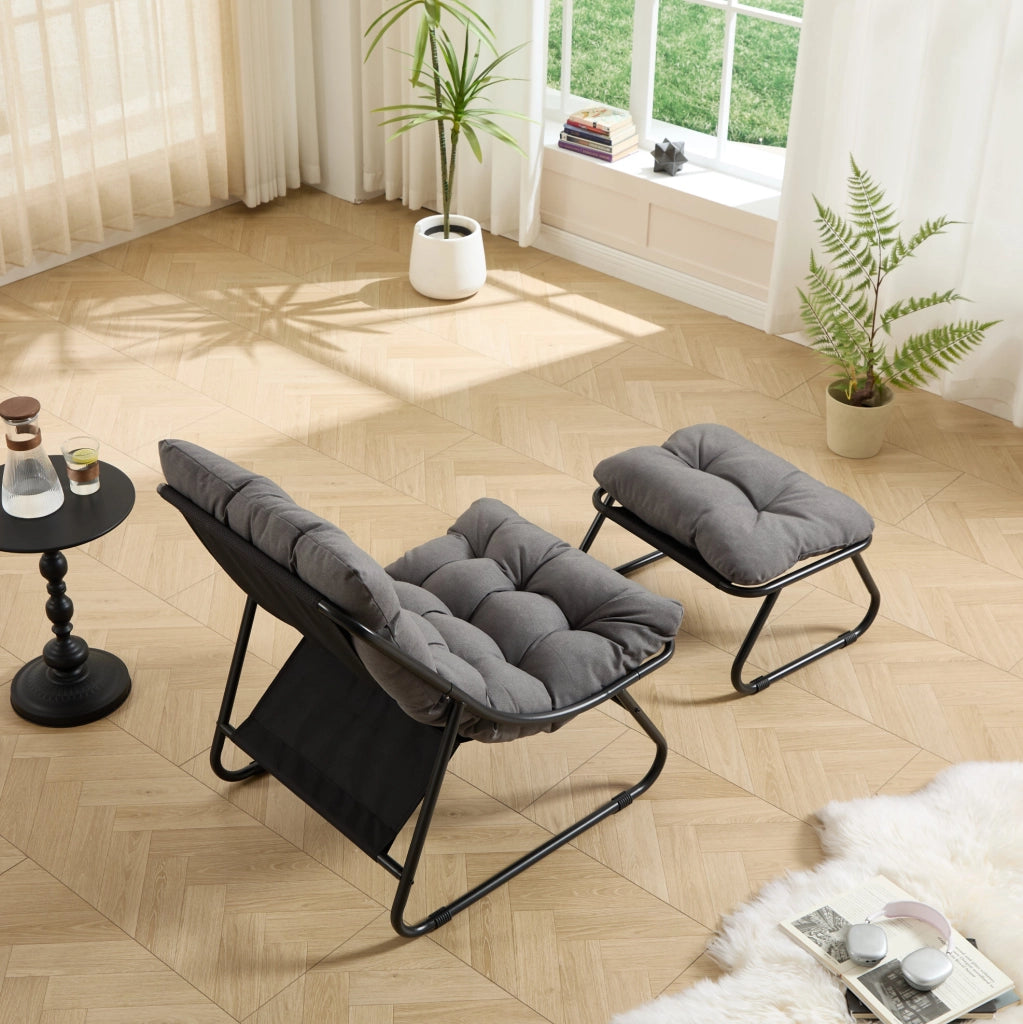 Sedia lounge da esterno con ottomano e cuscino; 65x78x86 cm; acciaio grigio
