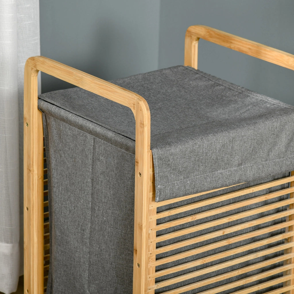 Cesto per bucato in bamb¨´ con tapa e sacchetto estraibile ¨C zephmum ¨C naturale e grigio 40x35.5x60.5 cm