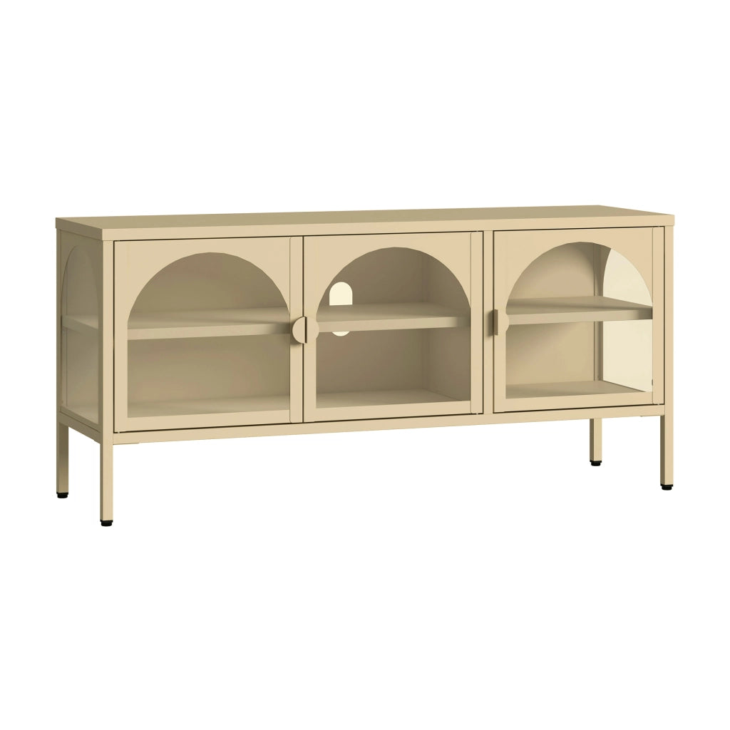 Vetrina Bassa Klippestad a 3 Ante in Vetro Credenza con 4 Scomparti 118 x 35 x 55 cm - Color Cammello [en.casa]