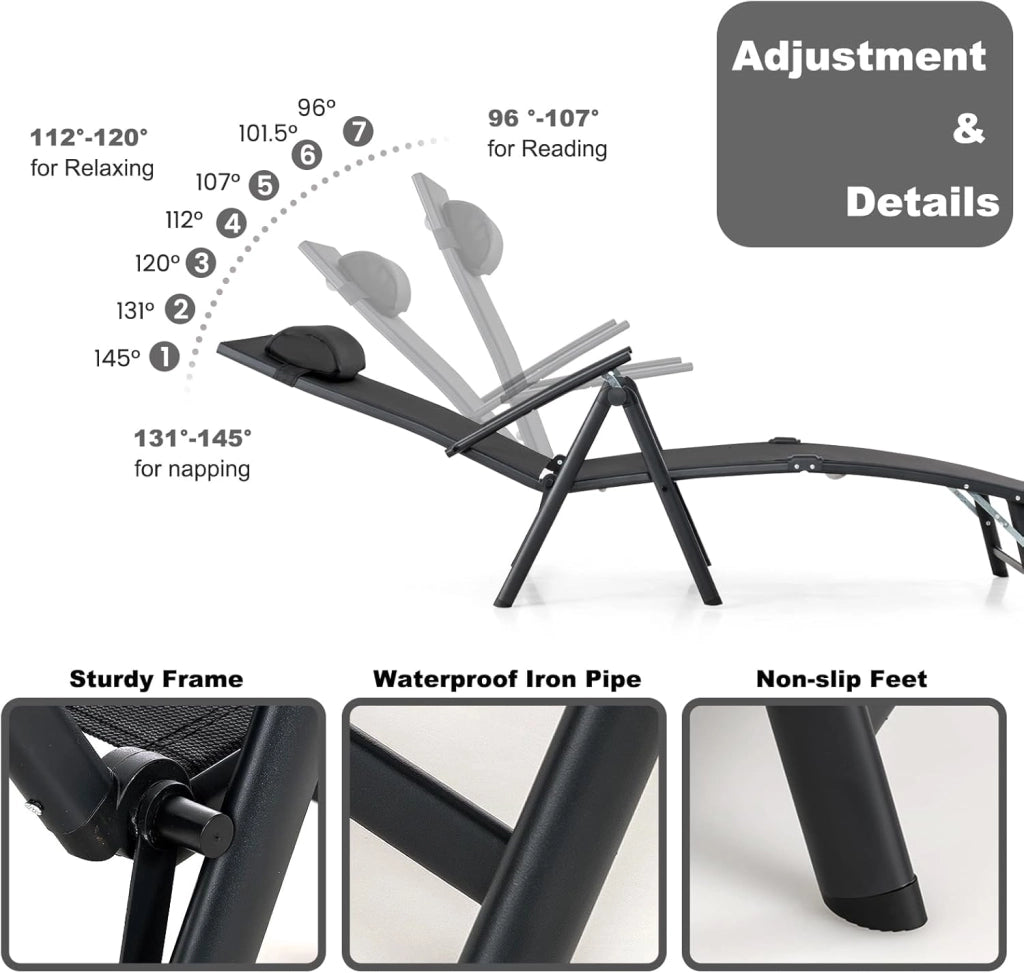 Sedia a sdraio con poggiatesta, lettino pieghevole con schienale regolabile in 7 posizioni, carico 150 kg, sedia da esterno ergonomica con braccioli, 142 x 61 x 103 cm (nero)