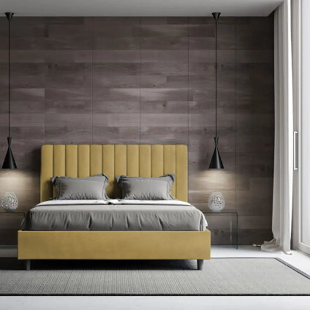 Letto matrimoniale francese senza rete imbottito 140x200 microfibra ocra Agueda