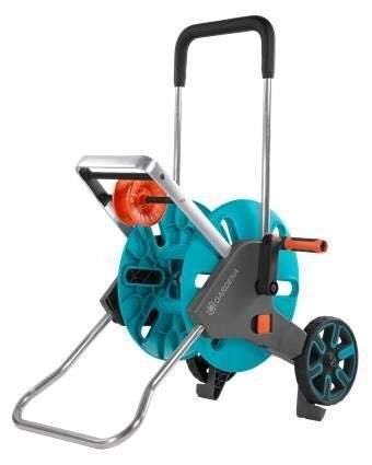 Gardena 18515-20 AquaRoll M Easy Carrello Avvolgitubo Manuale Capacita' 60 m Diametro Tubo 13 15 19 mm con Stop Goccia e Resistenza al Gelo colore Nero Blu Arancione