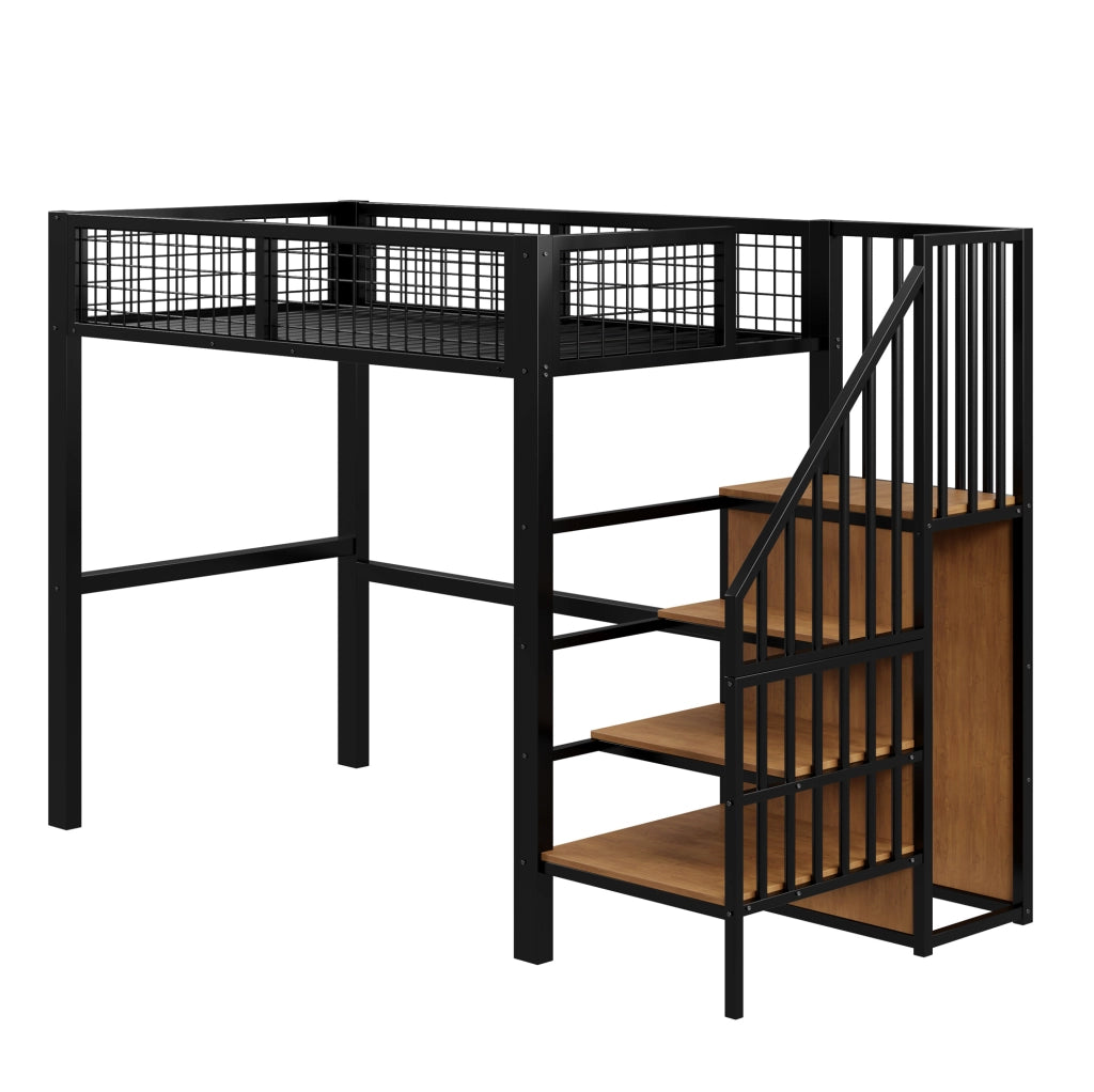 Letto a soppalco 90x200 cm nero in metallo con scala di sicurezza e armadio