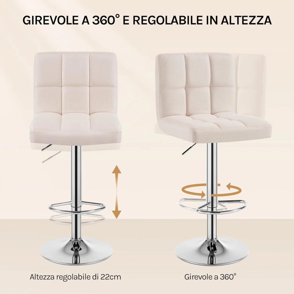 Sgabelli da Bar Sedia Cucina con Schienale Poggiapiedi Tessuto di Lino Cromato Altezza Regolabile Girevole Moderno Crema 1 Pezzo