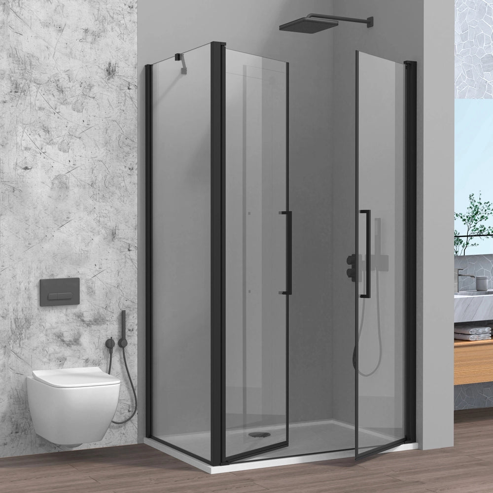 Box doccia angolare 80x100 con apertura saloon in vetro temperato trasparente con profili nero opaco Neos