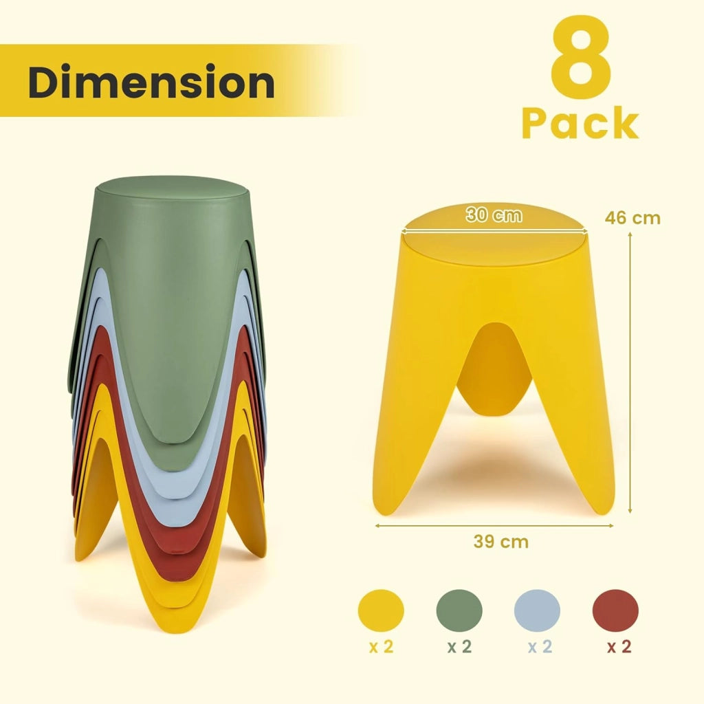 Set di 8 sgabelli impilabili con cuscino, salvaspazio in plastica, per soggiorno, sala da pranzo, portata fino a 150 kg, 39 x 39 x 46 cm